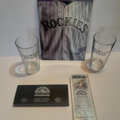 Colorado Rockies 2 glass mugs, 1993 opening day cased ticket, and scorecard magazine