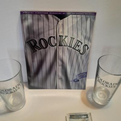Colorado Rockies 2 glass mugs, 1993 opening day cased ticket, and scorecard magazine