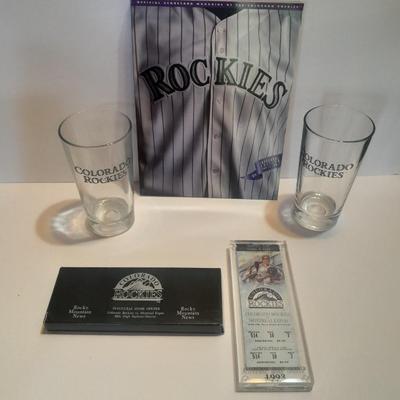 Colorado Rockies 2 glass mugs, 1993 opening day cased ticket, and scorecard magazine