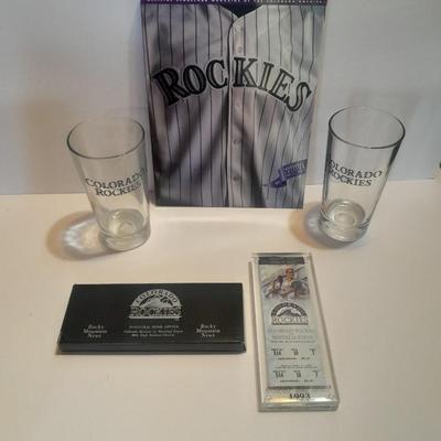Colorado Rockies 2 glass mugs, 1993 opening day cased ticket, and scorecard magazine