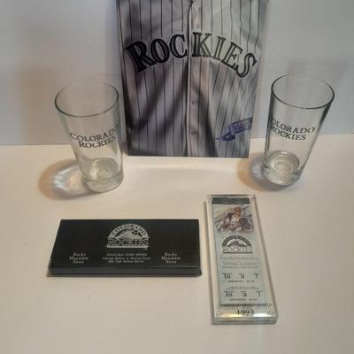 Colorado Rockies 2 glass mugs, 1993 opening day cased ticket, and scorecard magazine