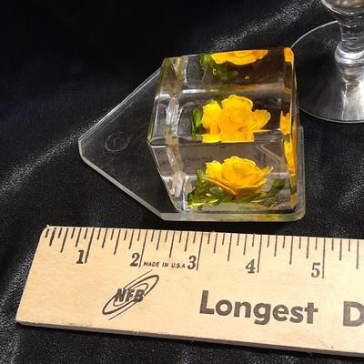 Beautiful etched glass Daffodil vase with two art deco MCM paper weights