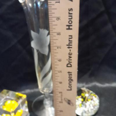Beautiful etched glass Daffodil vase with two art deco MCM paper weights