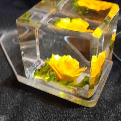 Beautiful etched glass Daffodil vase with two art deco MCM paper weights