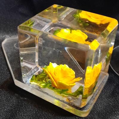 Beautiful etched glass Daffodil vase with two art deco MCM paper weights