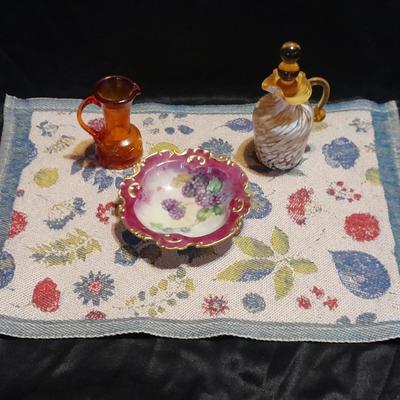 Vintage glassware, Amber Cruet w/ Ball Stopper white swirl, orange crackle glass, and porcelain hand painted dish