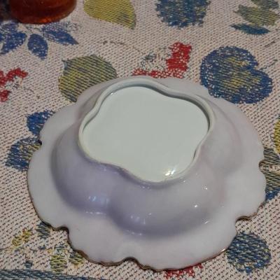 Vintage glassware, Amber Cruet w/ Ball Stopper white swirl, orange crackle glass, and porcelain hand painted dish