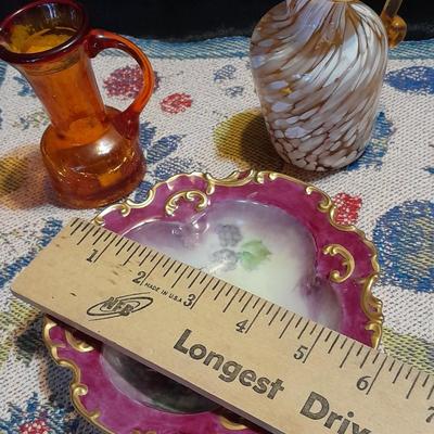 Vintage glassware, Amber Cruet w/ Ball Stopper white swirl, orange crackle glass, and porcelain hand painted dish