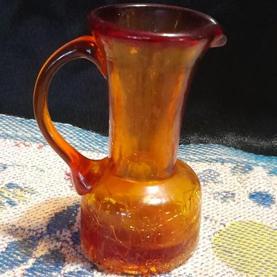Vintage glassware, Amber Cruet w/ Ball Stopper white swirl, orange crackle glass, and porcelain hand painted dish