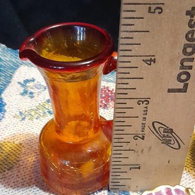 Vintage glassware, Amber Cruet w/ Ball Stopper white swirl, orange crackle glass, and porcelain hand painted dish