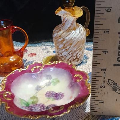 Vintage glassware, Amber Cruet w/ Ball Stopper white swirl, orange crackle glass, and porcelain hand painted dish