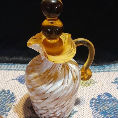 Vintage glassware, Amber Cruet w/ Ball Stopper white swirl, orange crackle glass, and porcelain hand painted dish