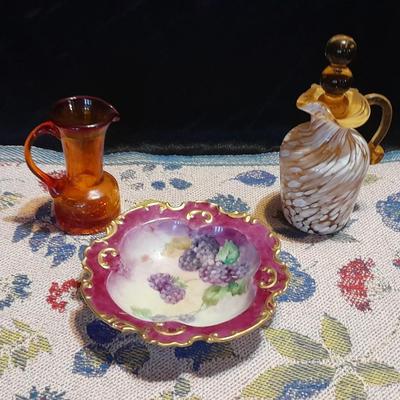 Vintage glassware, Amber Cruet w/ Ball Stopper white swirl, orange crackle glass, and porcelain hand painted dish