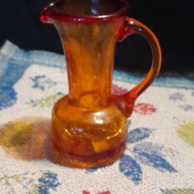 Vintage glassware, Amber Cruet w/ Ball Stopper white swirl, orange crackle glass, and porcelain hand painted dish