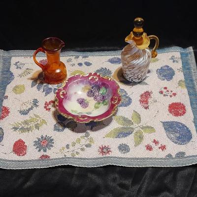 Vintage glassware, Amber Cruet w/ Ball Stopper white swirl, orange crackle glass, and porcelain hand painted dish