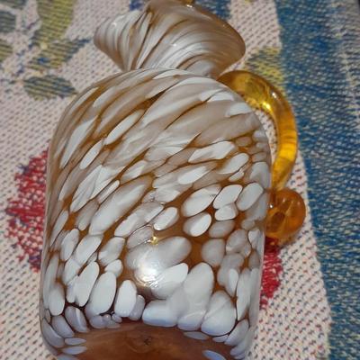 Vintage glassware, Amber Cruet w/ Ball Stopper white swirl, orange crackle glass, and porcelain hand painted dish