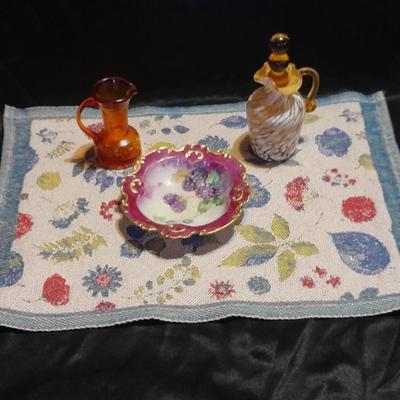 Vintage glassware, Amber Cruet w/ Ball Stopper white swirl, orange crackle glass, and porcelain hand painted dish