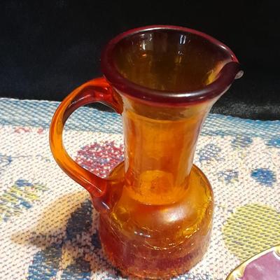 Vintage glassware, Amber Cruet w/ Ball Stopper white swirl, orange crackle glass, and porcelain hand painted dish