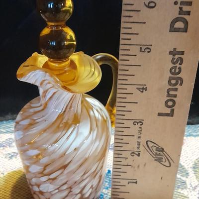 Vintage glassware, Amber Cruet w/ Ball Stopper white swirl, orange crackle glass, and porcelain hand painted dish