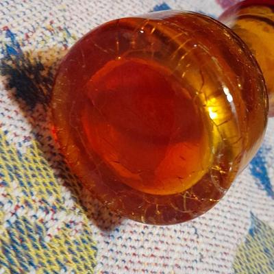 Vintage glassware, Amber Cruet w/ Ball Stopper white swirl, orange crackle glass, and porcelain hand painted dish