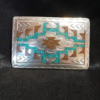 Vintage Native American Navajo Turquoise color coral chip inlay belt buckle