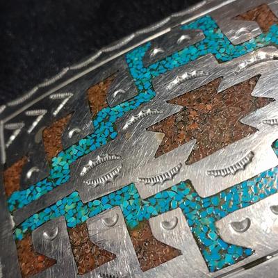 Vintage Native American Navajo Turquoise color coral chip inlay belt buckle