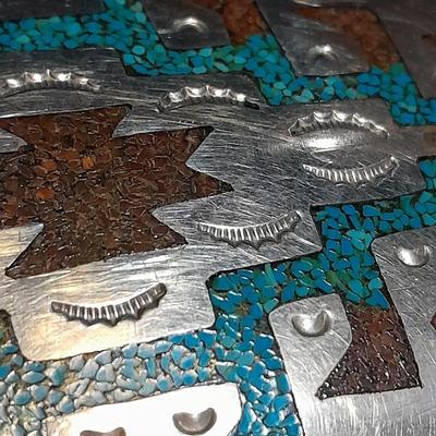 Vintage Native American Navajo Turquoise color coral chip inlay belt buckle