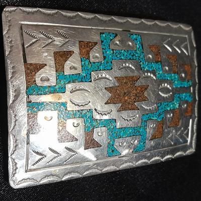 Vintage Native American Navajo Turquoise color coral chip inlay belt buckle