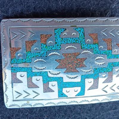 Vintage Native American Navajo Turquoise color coral chip inlay belt buckle