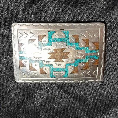 Vintage Native American Navajo Turquoise color coral chip inlay belt buckle