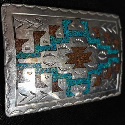 Vintage Native American Navajo Turquoise color coral chip inlay belt buckle