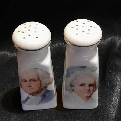 George and Martha Washington Salt and Pepper Shakers with porcelain hat pin holder and RW Bavaria small dish