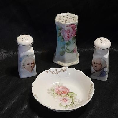 George and Martha Washington Salt and Pepper Shakers with porcelain hat pin holder and RW Bavaria small dish