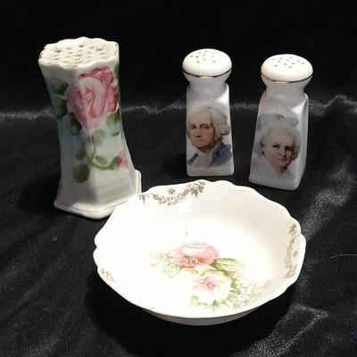 George and Martha Washington Salt and Pepper Shakers with porcelain hat pin holder and RW Bavaria small dish