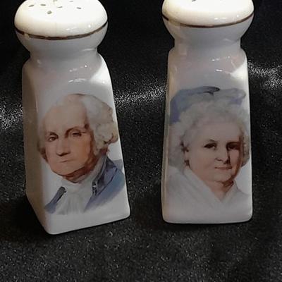 George and Martha Washington Salt and Pepper Shakers with porcelain hat pin holder and RW Bavaria small dish