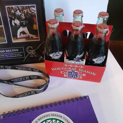 Colorado Rockies Memorabilia, Framed Todd Helton picture 6 pack collectors' bottles, gold mitt figure, scorecard magazine and more