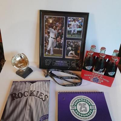 Colorado Rockies Memorabilia, Framed Todd Helton picture 6 pack collectors' bottles, gold mitt figure, scorecard magazine and more