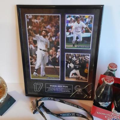Colorado Rockies Memorabilia, Framed Todd Helton picture 6 pack collectors' bottles, gold mitt figure, scorecard magazine and more