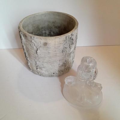 Faux Tree bark plant pot / container with crystal glass owl collectible