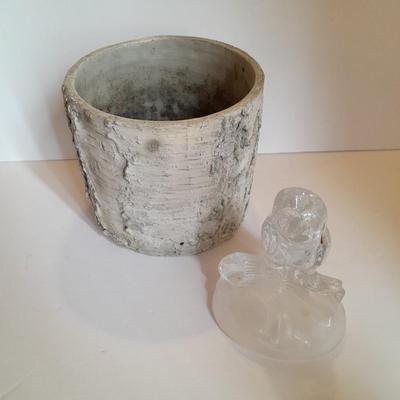Faux Tree bark plant pot / container with crystal glass owl collectible