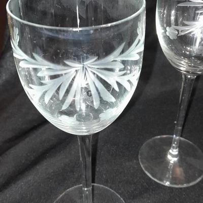 Etched glass Daffodil case and ball vase with etched stemware
