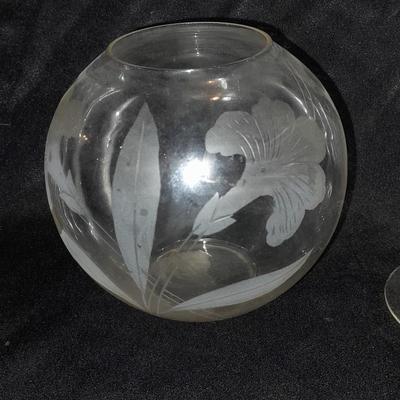 Etched glass Daffodil case and ball vase with etched stemware