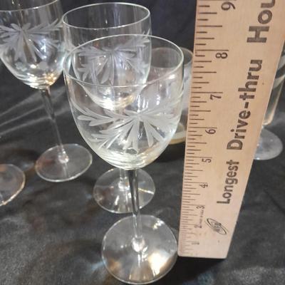 Etched glass Daffodil case and ball vase with etched stemware