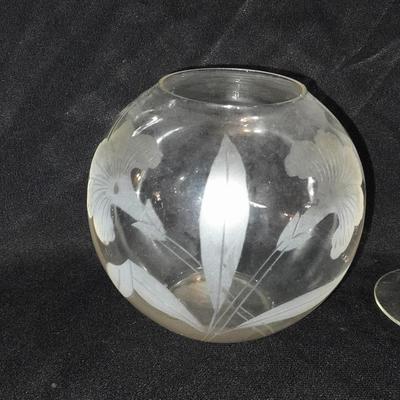Etched glass Daffodil case and ball vase with etched stemware