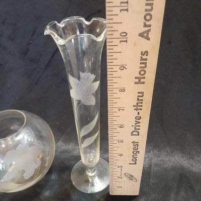 Etched glass Daffodil case and ball vase with etched stemware