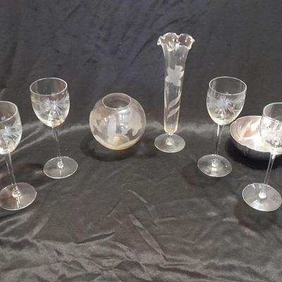Etched glass Daffodil case and ball vase with etched stemware