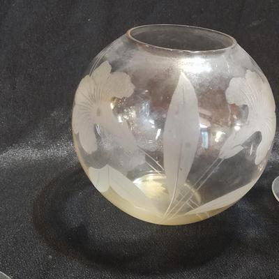 Etched glass Daffodil case and ball vase with etched stemware