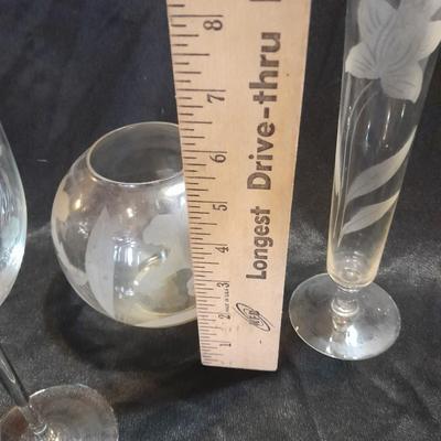 Etched glass Daffodil case and ball vase with etched stemware