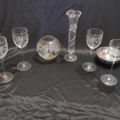 Etched glass Daffodil case and ball vase with etched stemware