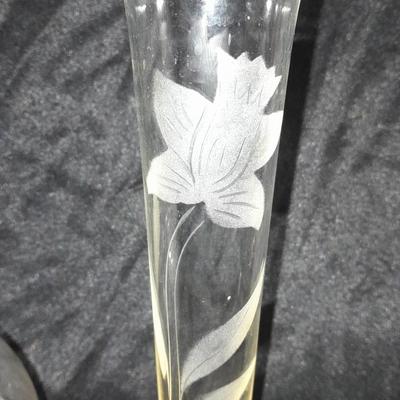Etched glass Daffodil case and ball vase with etched stemware